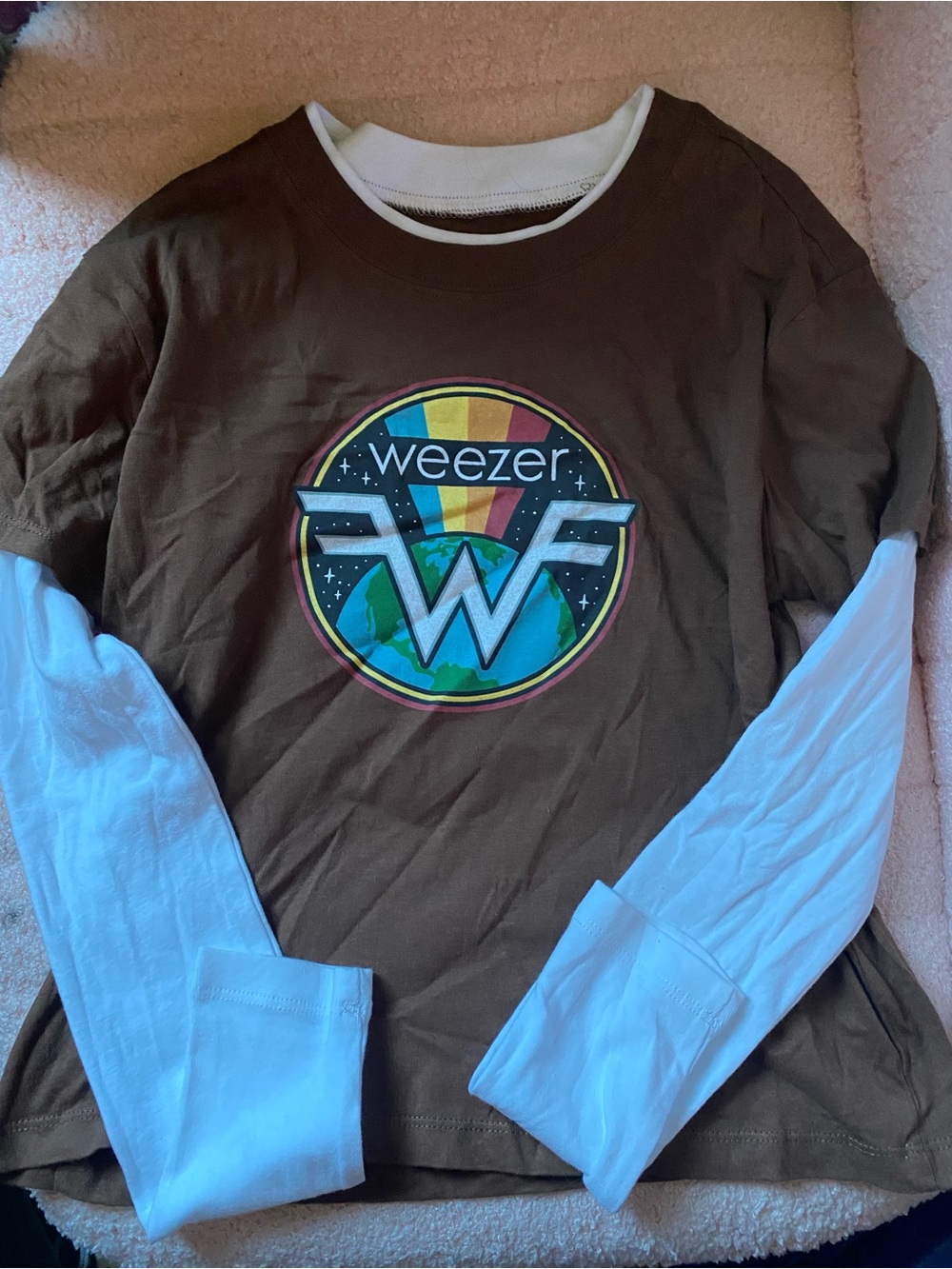 Forever 21 Brown and White Weezer Graphic Layered-Look Long Sleeve Tee